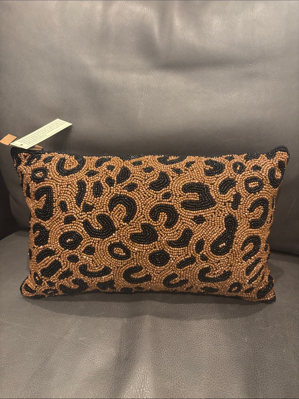Beaded Leopard Print Decorative Pillow - Brown and Black